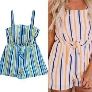 FavLux Striped High Waist Sleeveless Romper Shorts Set Large